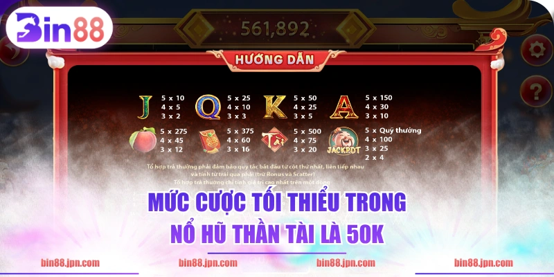 Mức cược tối thiểu trong Nổ Hũ Thần Tài là 50k